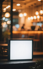 Fototapeta premium Illuminated blank white lightbox for mockup display, placed on a city street in front of a blurry, warm cafe or restaurant at night.