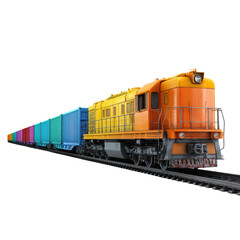 Obraz premium Freight train transporting colorful cargo containers on railway tracks during daytime