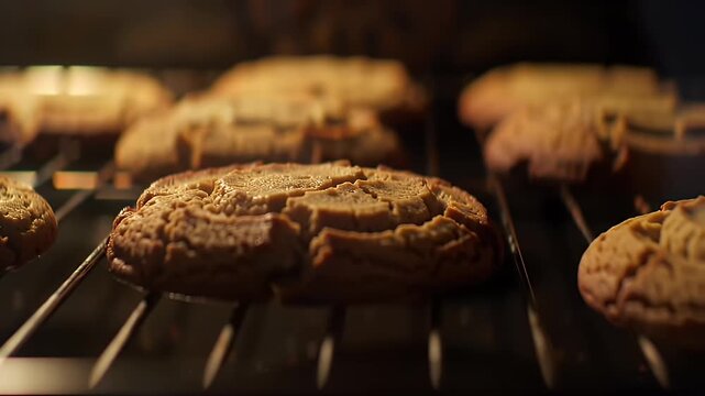 Golden Brown Homemade Cookies Baking on Oven Rack Showcasing Warm Lighting Sweetness and Crispy Edges Capturing Delicious Texture Perfect for Holiday Baking Sweet Treats and Indulgent Moments Close