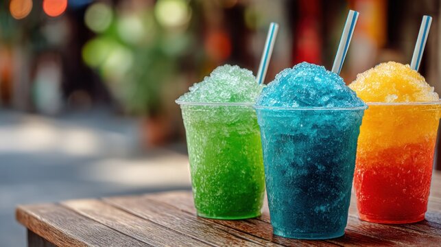 Three brightly colored slushies with striped straws on a wooden table outside - Powered by Adobe
