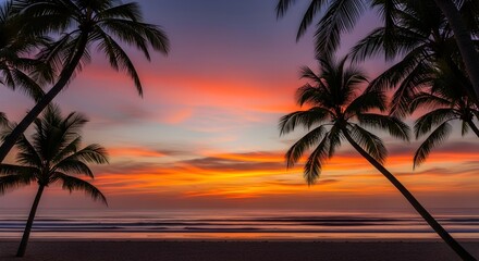 Obraz premium Ocean-Sunset-Palm-Trees