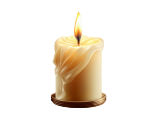 Creamy wax candle with melting drips and golden base illuminated by a bright flame dripping, Isolated, Png Transparent Background