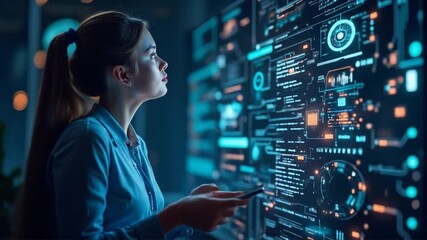 Young woman analyzes data visualizations on a digital screen interface in the dark - Powered by Adobe