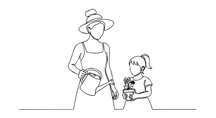 Depiction of summer weekend with mother and daughter caring for flowers in potted plant, presented in a minimalistic single continuous line drawing. Summer weekend activity is full of love and family.
