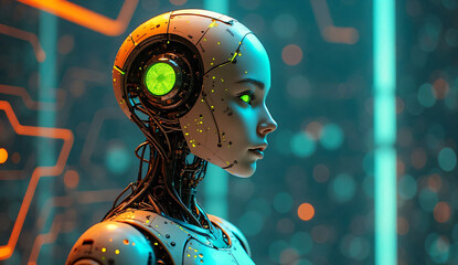 fondo vibrante y futurista que presenta una representaci&oacute;n art&iacute;stica de un robot humanoide. Este robot est&aacute; dise&ntilde;ado con una est&eacute;tica moderna y sofisticada.