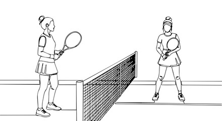 Summer weekend game of tennis shows two women playing on court outdoors. Enjoying summer weekend with active lifestyles is ideal. Summer weekend tennis promotes health and fitness for recreation.