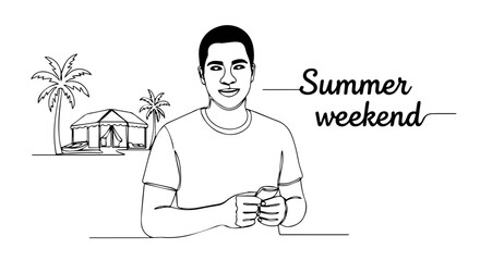 Summer weekend line art illustration features person with palms and beach house. Summer weekend drawing in minimalism style. Summer weekend concept for advertising travel agency, tourist banner,