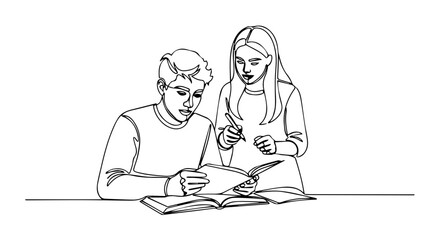 Students help homework together studying at table.  Teenage boy and girl attentively review textbook notes and prepare for exam.