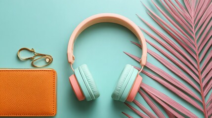 Headphones, Accessories Placed on Blue Surface with Palm Leaf