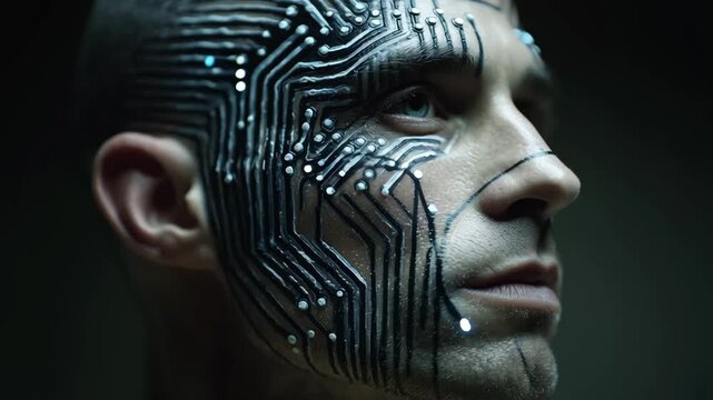 Human face with futuristic circuit board pattern and technology design resembling aliens intense expression dark background