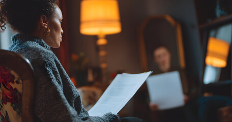 Practice, speech and woman in mirror in home for public speaking, presentation and monologue. Talking, reflection and person with paperwork, documents and reading for oral, proposal and lecture