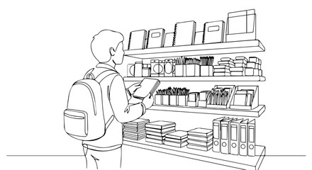 School shopping illustration of student with backpack choosing books and supplies from store shelves, school shopping. School shopping shows student's selection of items on shelf,