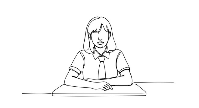 School uniform line drawing of a student at her desk, a minimalist monochrome image. School uniform illustration captures youthfulness and the start of education, presenting single line drawing.