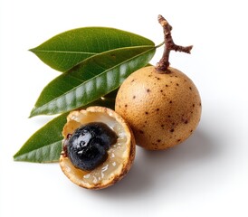 Fresh longan fruit, whole and halved, with leaves