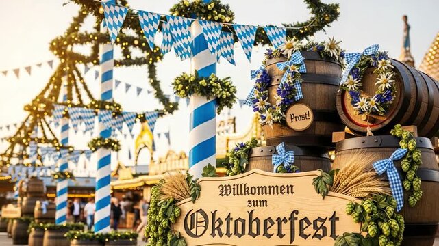 Willkommen zum Oktoberfest. Traditional Bavarian beer festival entrance with wooden barrels, hops, and decorations.