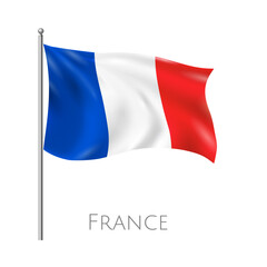 Waving flag of France on a flagpole, isolated vector illustration