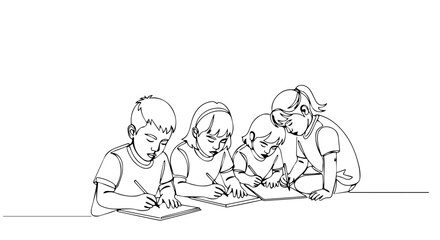 Depiction of kids writing together, collaboratively working on a project, making notes or drawings, showing their teamwork and focus. Kids writing enhances learning, development,