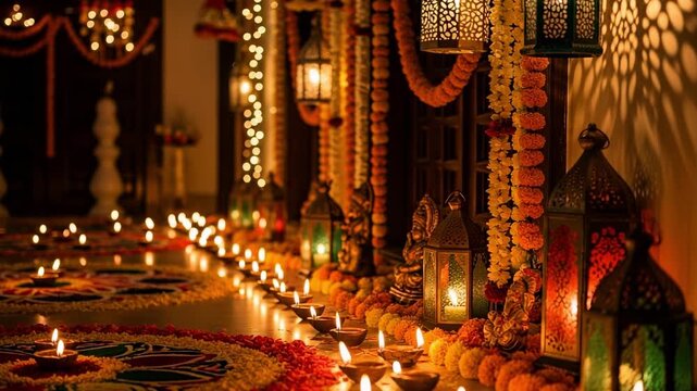 Traditional Diwali decorations with glowing diya lamps and lanterns. Colorful rangoli and marigold flower garlands for the Hindu festival of lights.