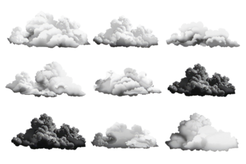 Twelve stylized cloud icons in shades of gray, varying in shape and density