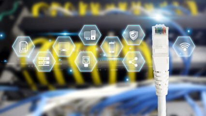 LAN internet network cable or RJ45 UTP fiber optic Ethernet cables with cloud computing icons for computer data link file transfer or wifi connect server networking devices technology system.