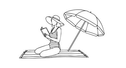 Enjoy summer weekend reading a book, sunbathing, relaxing at beach under umbrella. Summer weekend is best time for vacation. Depicting concept summer weekend fun and recreation for getaway,