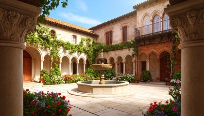 Obraz premium Sunny courtyard with arches and fountain