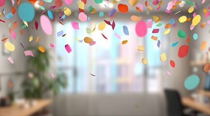 Colorful confetti falls in a blurry office setting