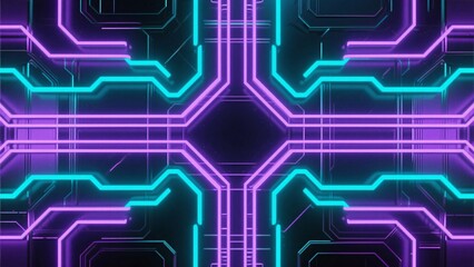 Cyberpunk-inspired digital backdrop with luminous purple and teal neon grid on a futuristic dark circuit board
