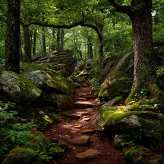 Fototapeta premium Moss-covered path winds through rocky forest
