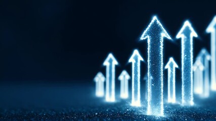 
Blue background with glowing arrows pointing upwards, representing growth and success in business or technology. Vector illustration of an upward arrow graph on a blue banner for web design - Powered by Adobe