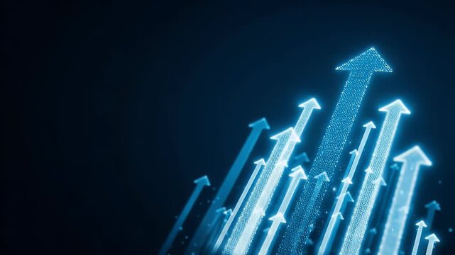 
Blue background with glowing arrows pointing upwards, representing growth and success in business or technology. Vector illustration of an upward arrow graph on a blue banner for web design - Powered by Adobe