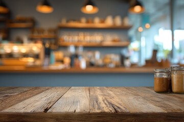 Wooden table in a cafe. Blurry background of coffee shop