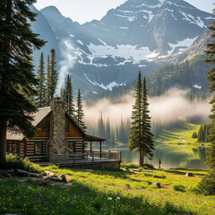 Cozy Mountain Cabin by a Lake with Snow-Capped Mountains and Pine Trees