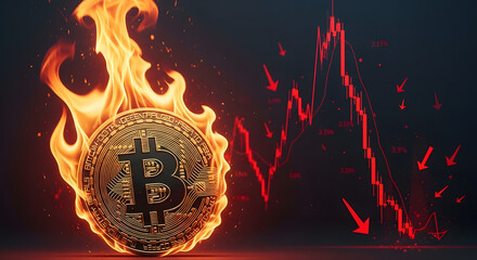 A burning Bitcoin coin symbolizes a cryptocurrency market crash with a red downward chart.