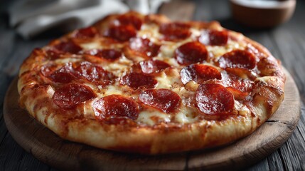 Delicious pepperoni pizza in a cozy rustic kitchen food photography