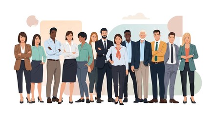 Fototapeta premium A diverse group of business professionals stand together smiling. They are dressed in business attire.