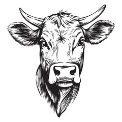 Cow, bull, farm. Vintage retro print, black white cow sketch ink pencil style drawing, engraved old school. Sketch artwork silhouette farm cow, white background