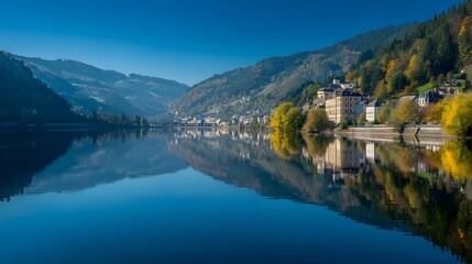 Obraz premium Tranquil town reflected in a calm lake.