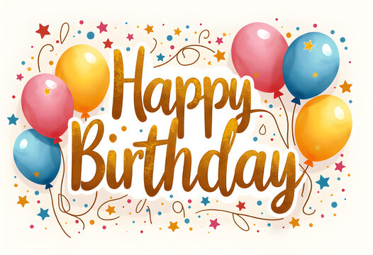 Elegant happy birthday card with gold text, balloons, and stars. Use for classy party invites, celebration decor, and festive announcements.
