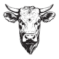 Cow, bull, farm. Vintage retro print, black white cow sketch ink pencil style drawing, engraved old school. Sketch artwork silhouette farm cow, white background