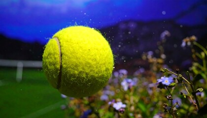 Tennis ball in motion, vibrant colors, and out-of-focus flowers