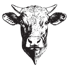 Cow, bull, farm. Vintage retro print, black white cow sketch ink pencil style drawing, engraved old school. Sketch artwork silhouette farm cow, white background