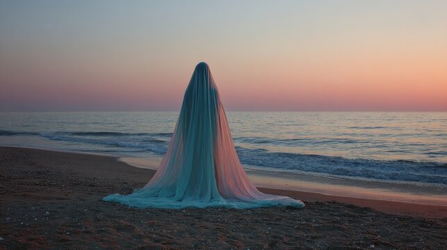 Silhouette draped in light teal fabric on beach at sunset