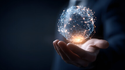 Businessman Holding Glowing Digital Globe Network Technology in Hand