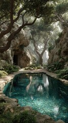 Naklejka premium Tranquil pool nestled in a sunlit forest glen