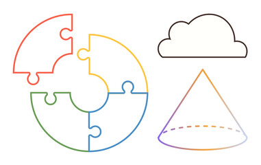 Circular puzzle pieces in vibrant colors, outlined cloud, and gradient-style cone. Ideal for teamwork, strategy, innovation, planning, brainstorming creativity education. Clean and simple flat