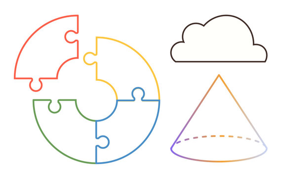 Circular puzzle pieces in vibrant colors, outlined cloud, and gradient-style cone. Ideal for teamwork, strategy, innovation, planning, brainstorming creativity education. Clean and simple flat