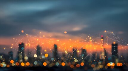 Evening sunset over the city with vibrant orange and red clouds painting the sky