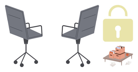 Fototapeta premium Two office chairs, cardboard storage boxes with files, and a lock graphic emphasize workplace setup, document storage, team collaboration, and data privacy. Ideal for organization, productivity