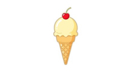 Cartoon Vanilla Ice Cream Cone with Cherry Topping on White Background